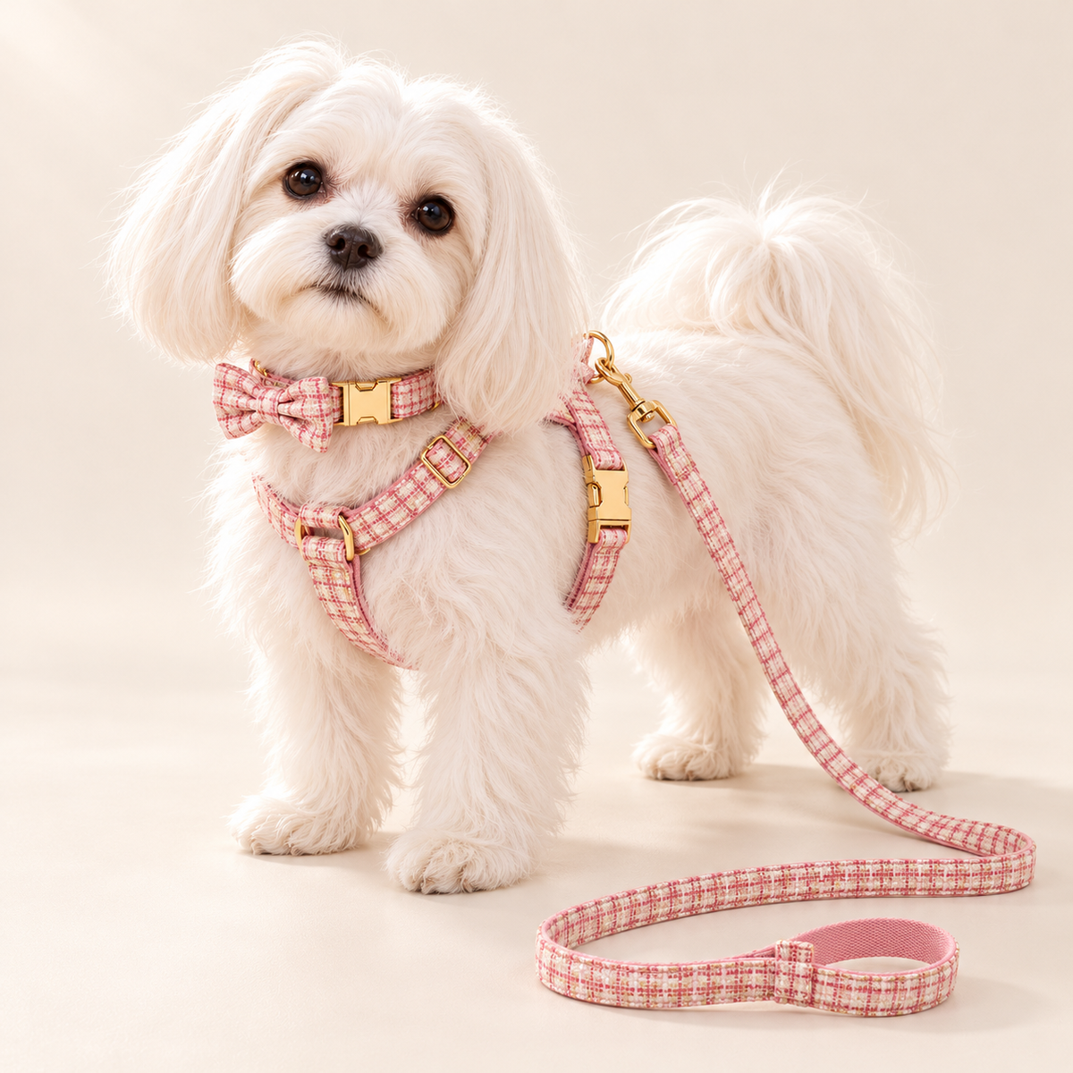Matching rose Maison tweed collar harness bow and leash on a Maltese