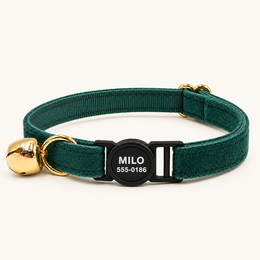 ChristmasGreen velvet cat collar with safety breakaway buckle and bell
