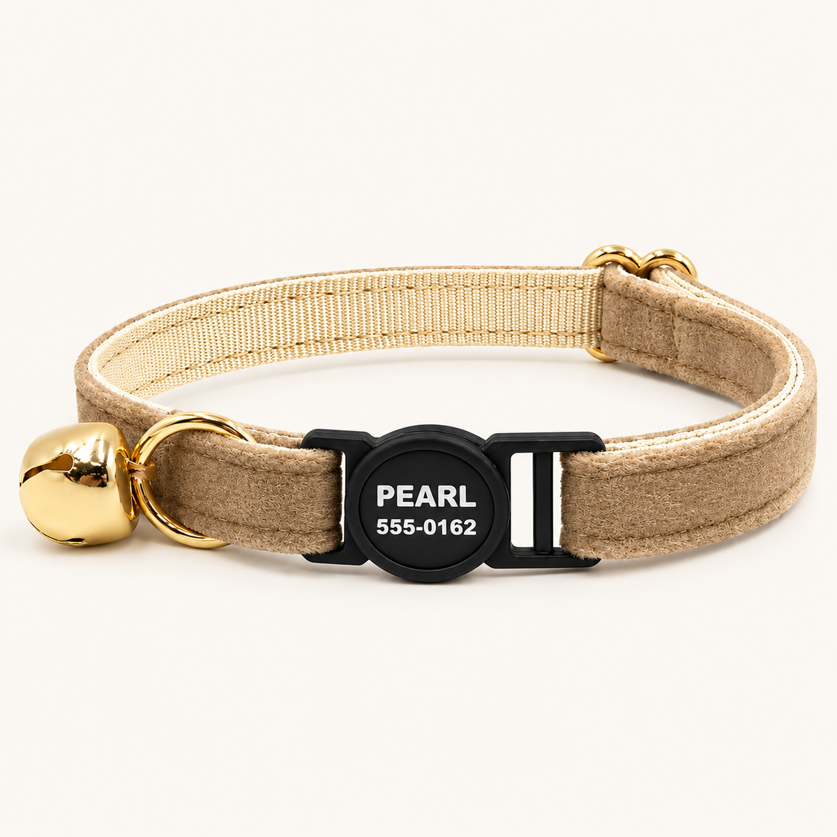 LatteBeige velvet cat collar with safety breakaway buckle and bell