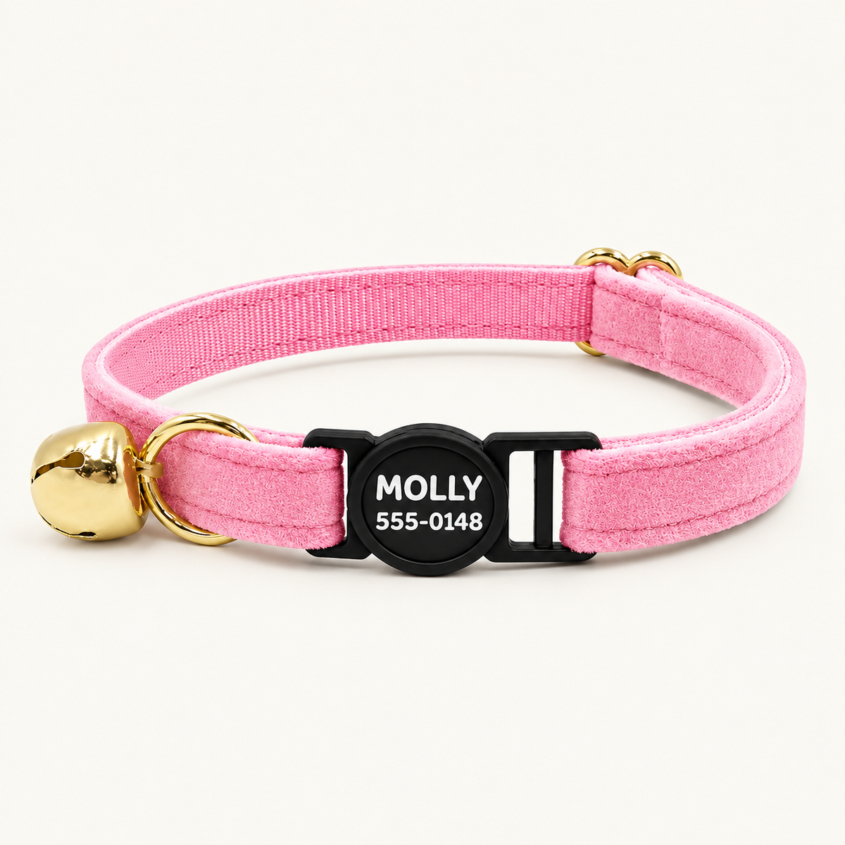Pink velvet cat collar with safety breakaway buckle and bell