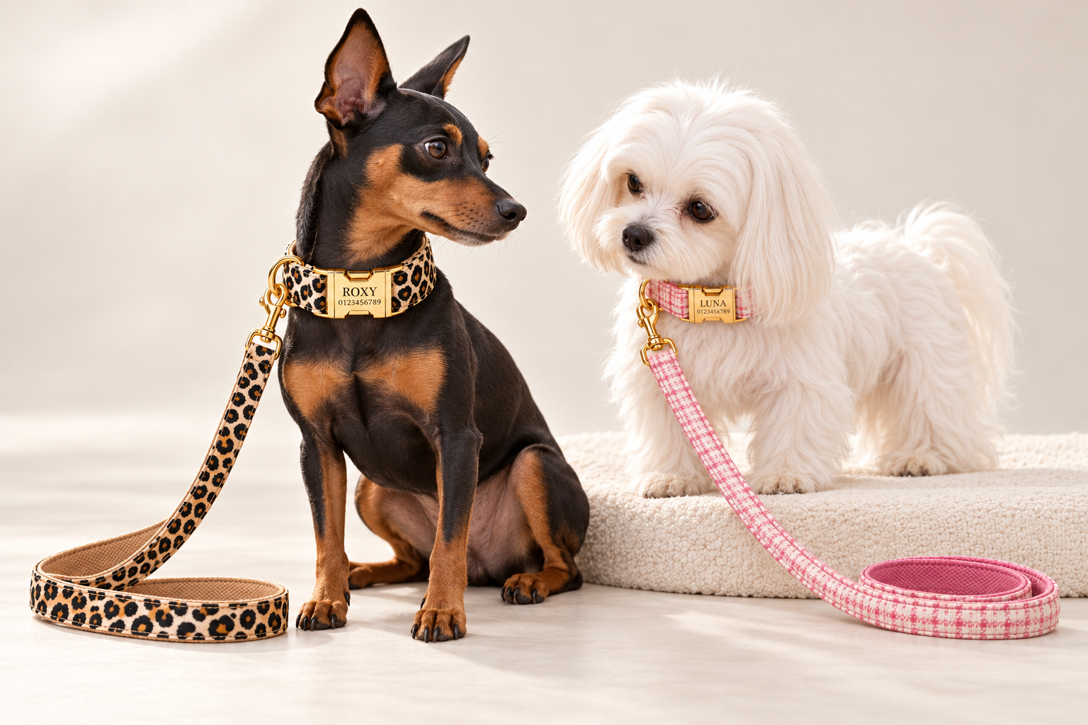 Dogs wearing engraved collars with matching leashes