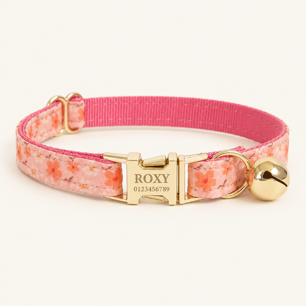 Personalized Floral Cat Collar in Flying Petals, flat product view.