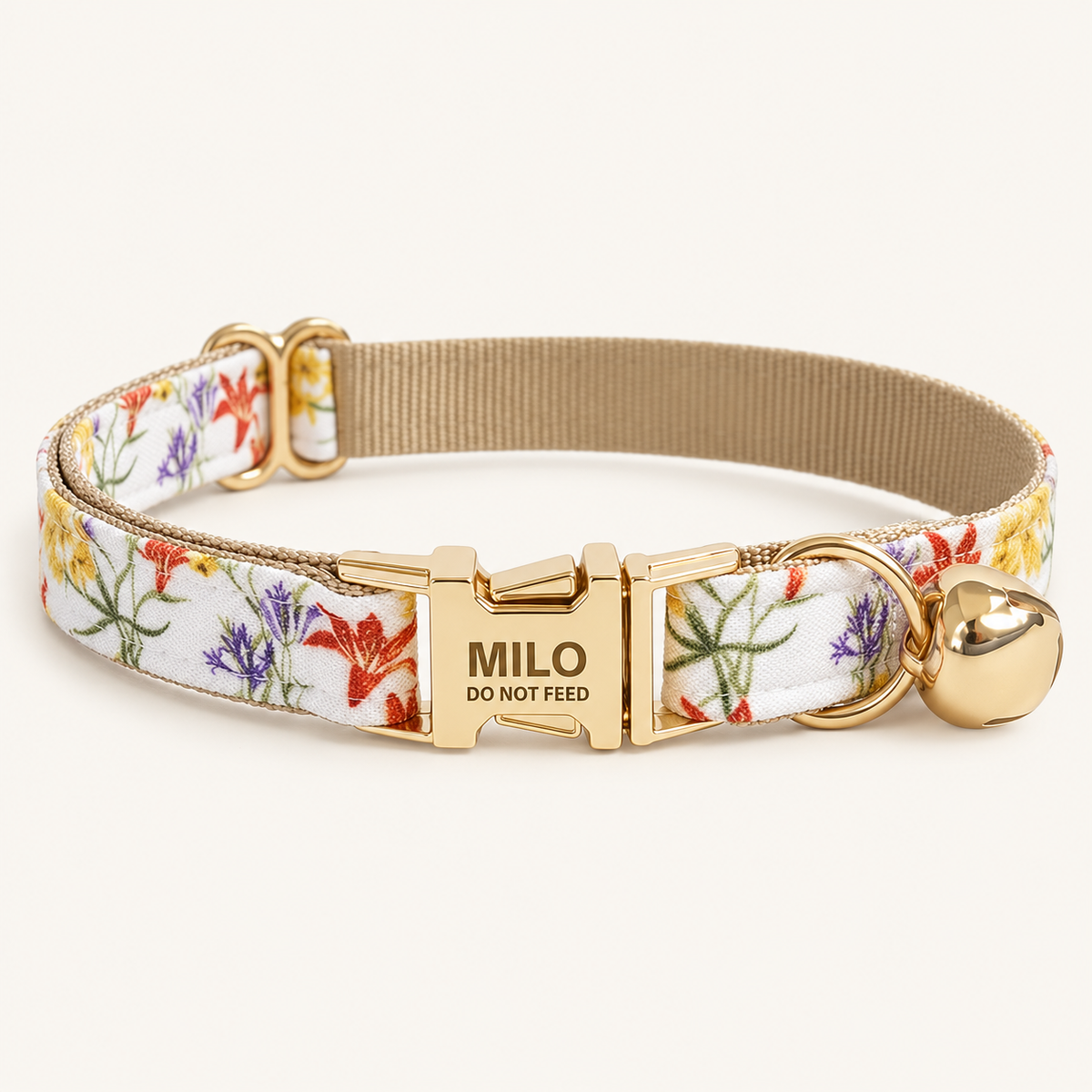 Personalized Floral Cat Collar in GoldenFlower, flat product view.