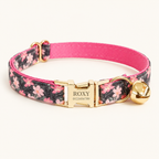 Personalized Floral Cat Collar in Mystic Pink, flat product view.