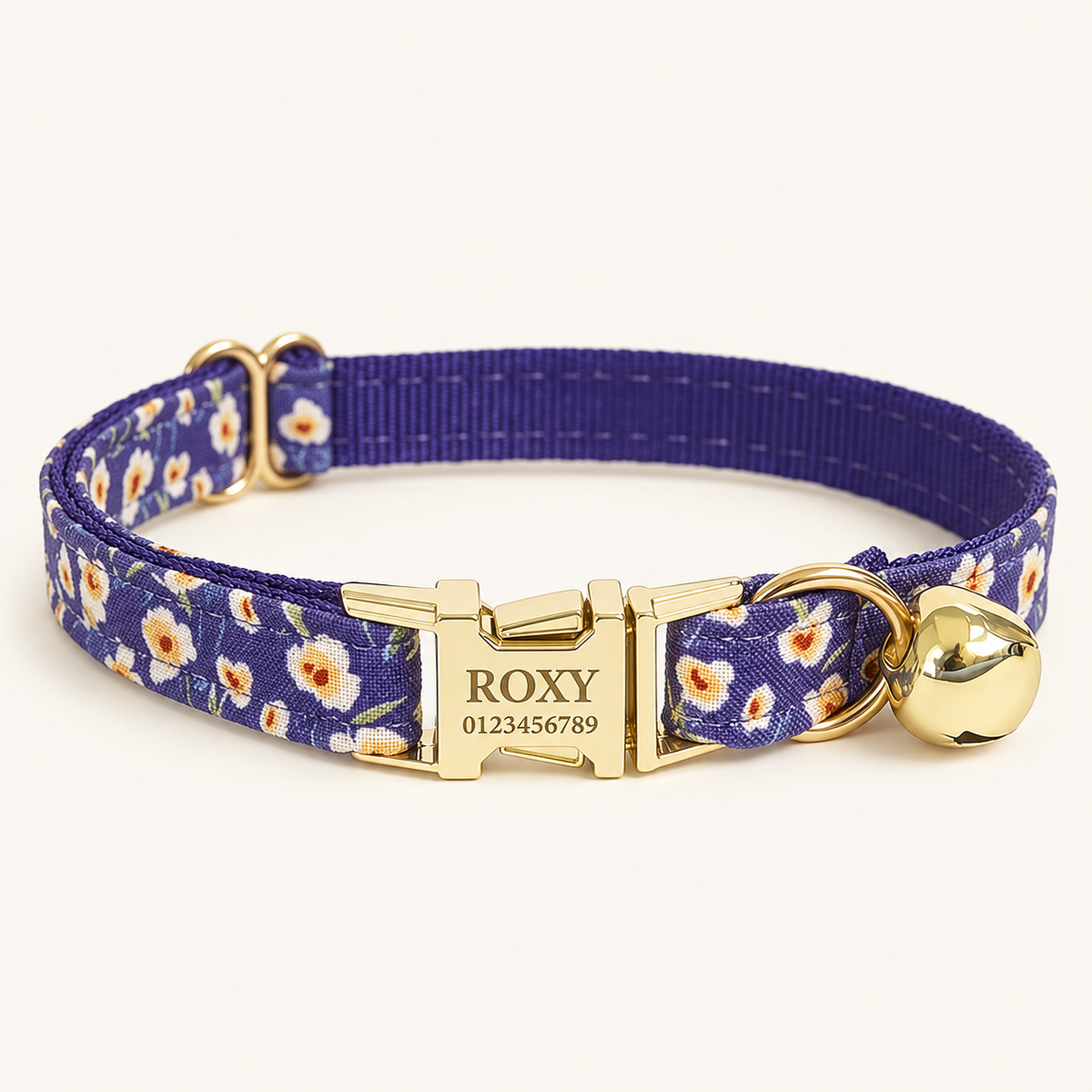 Personalized Floral Cat Collar in Purple Pink Floral, flat product view.