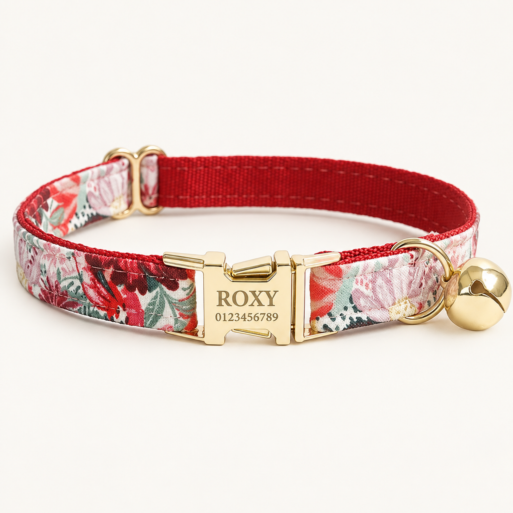Personalized Floral Cat Collar in Red Flower, flat product view.