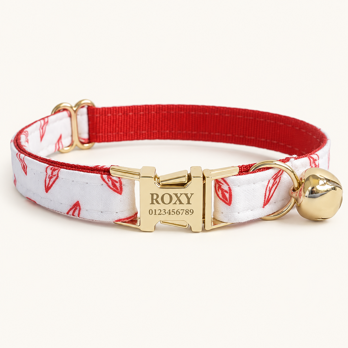 Personalized Floral Cat Collar in Red leaves, flat product view.