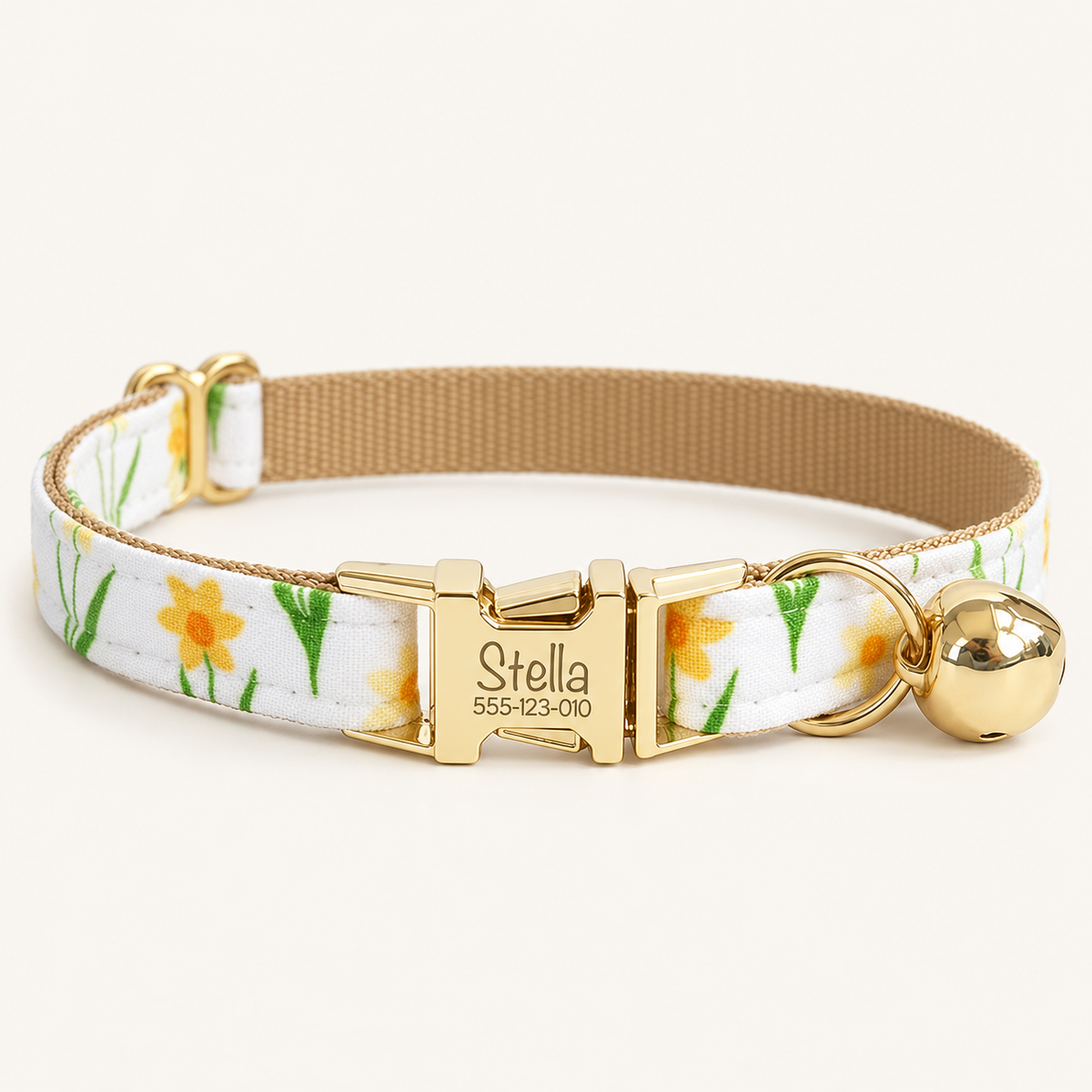Personalized Floral Cat Collar in YellowRainLily, flat product view.