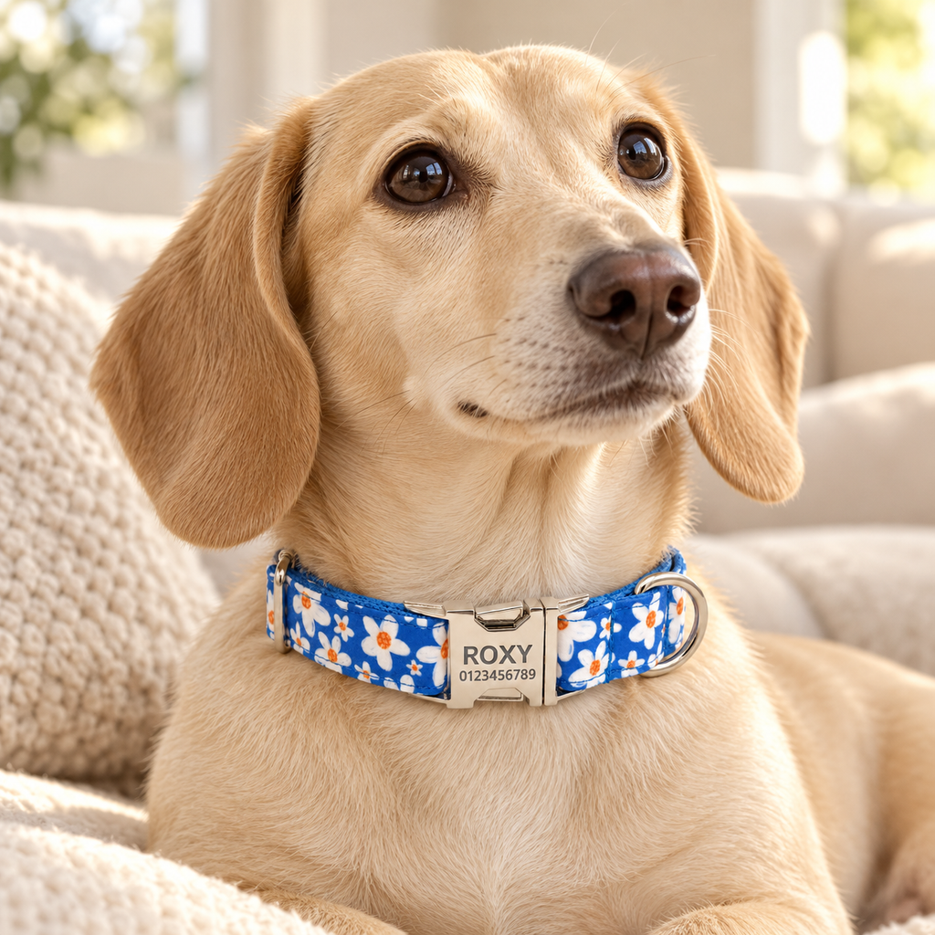 Blue Daisy | lifestyle | Dachshund wearing the floral dog collar