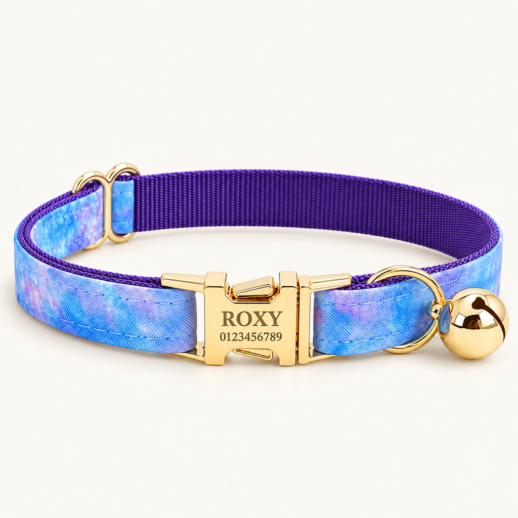 Personalized Pastel Galaxy Cat Collar in BlueStardust, flat product view.