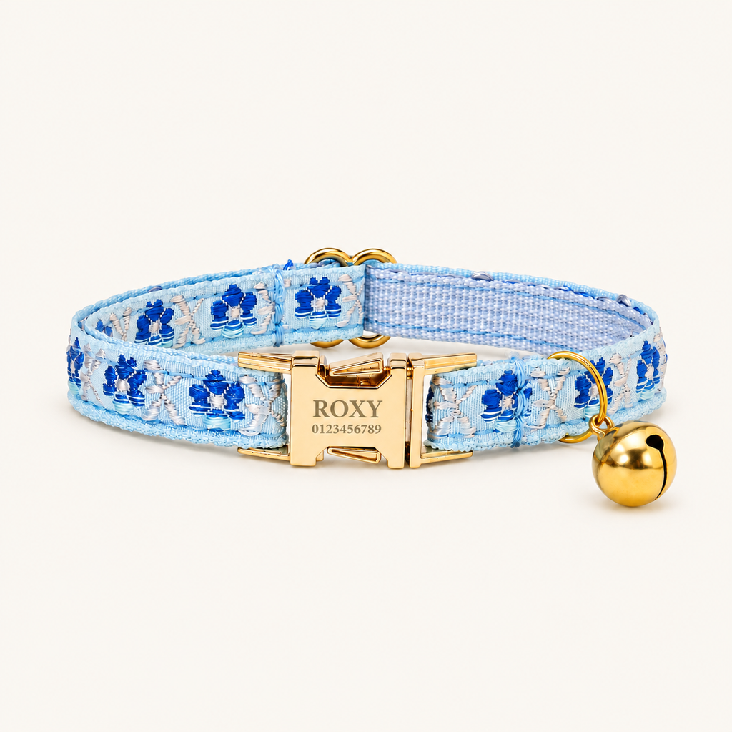 Bluebell | Embroidered cat collar with gold buckle and bell