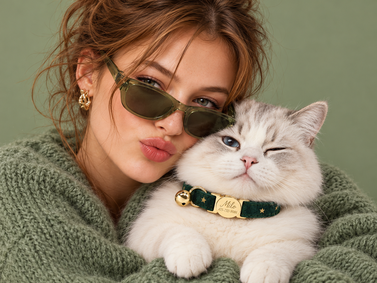 Cat and human fashion portrait with green star collar