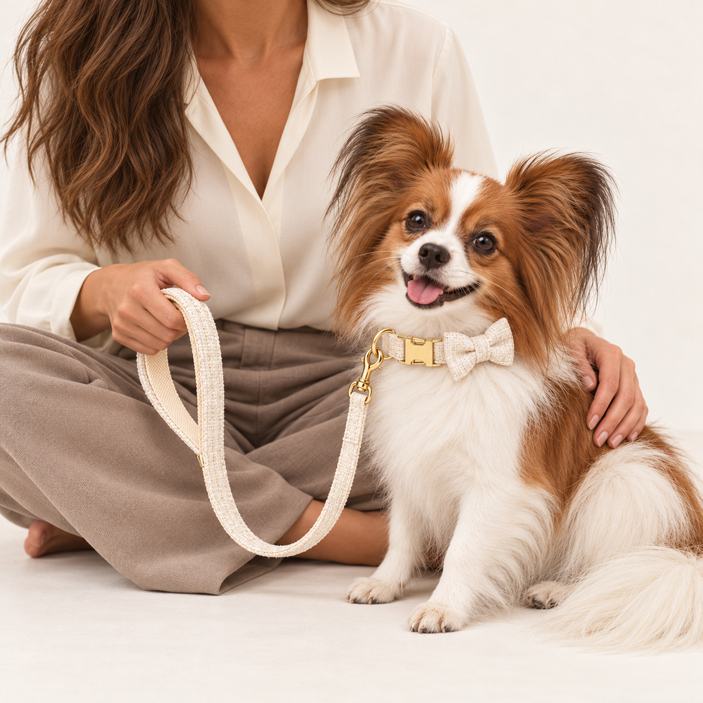 Pawture maison gallery06 IvoryPearl indoor studio faceless human, matching leash and collar-mounted bow tie