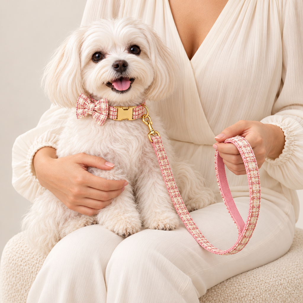 Pawture maison gallery06 RoseBlush indoor studio faceless human, matching leash and collar-mounted bow tie