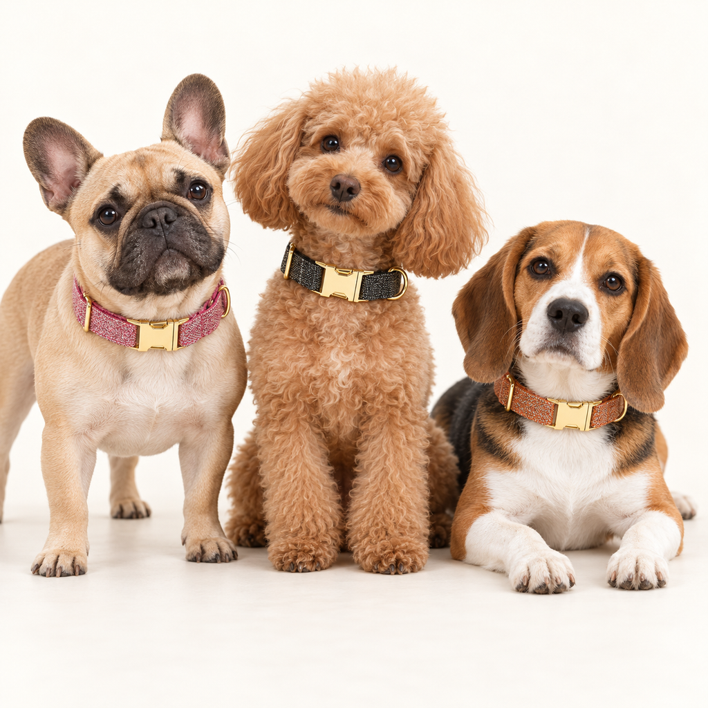 Suiting collection — Black Tweed with Pink Tweed and Orange Tweed; three breeds in an ivory photography studio