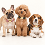 Suiting collection — Black Tweed with Pink Tweed and Orange Tweed; three breeds in an ivory photography studio
