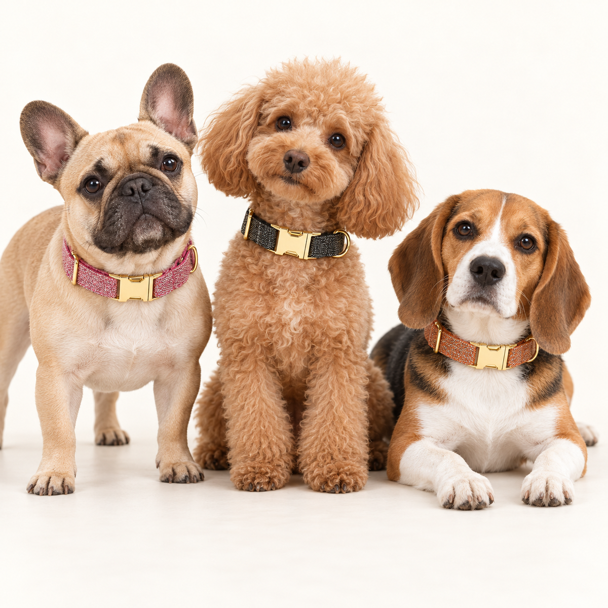 Suiting collection — Black Tweed with Pink Tweed and Orange Tweed; three breeds in an ivory photography studio