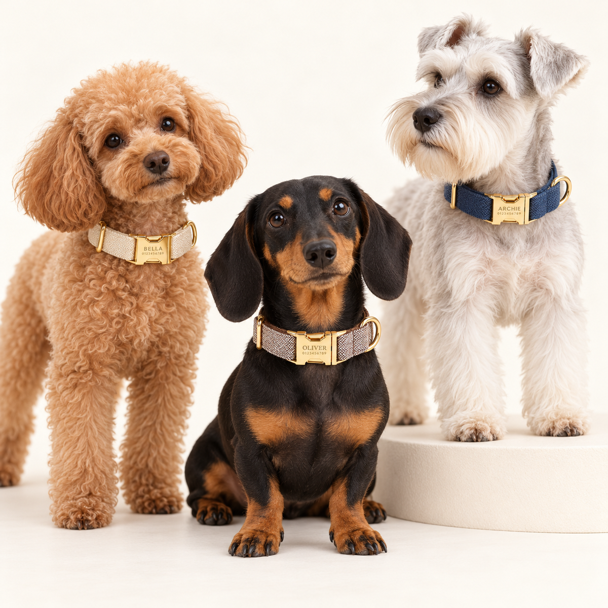 Suiting collection — White Brown Herringbone with Ivory Herringbone and Dark Blue Herringbone; three breeds in an ivory photography studio