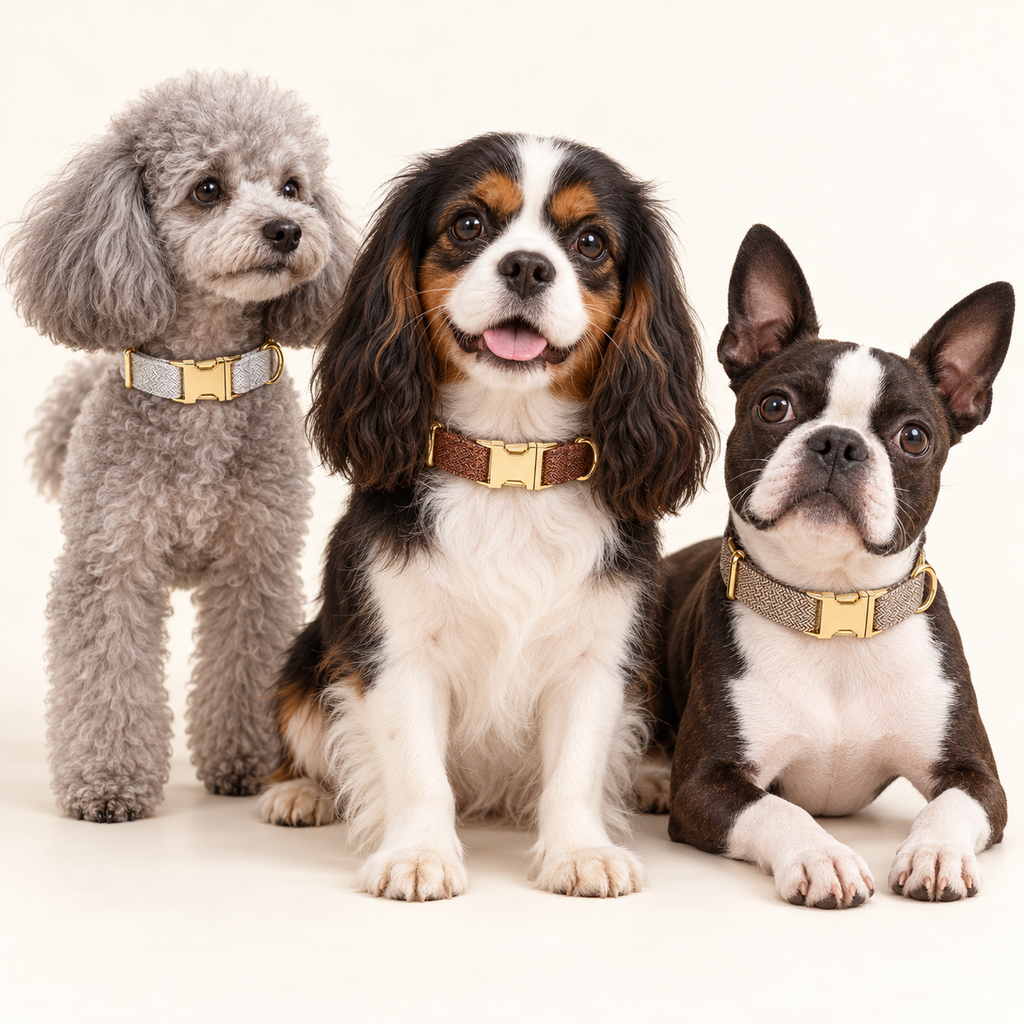 Suiting collection — Brown Tweed with Light Gray Herringbone and Light Brown Herringbone; three breeds in an ivory photography studio