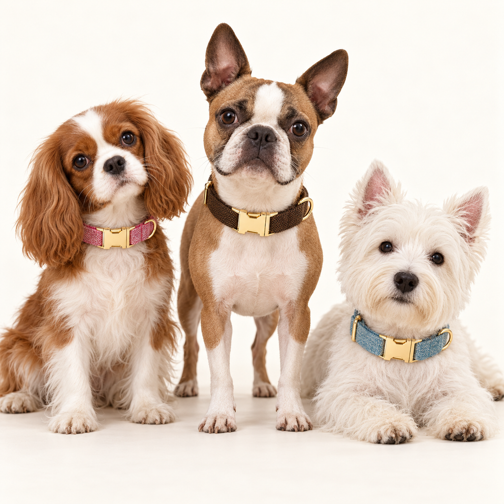 Suiting collection — Dark Brown Herringbone with Pink Tweed and Blue Tweed; three breeds in an ivory photography studio