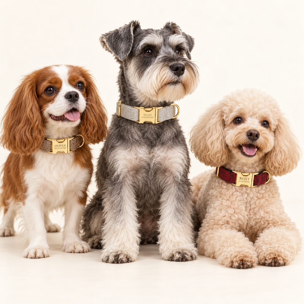 Suiting collection — Light Gray Herringbone with White Brown Herringbone and Red Tweed; three breeds in an ivory photography studio