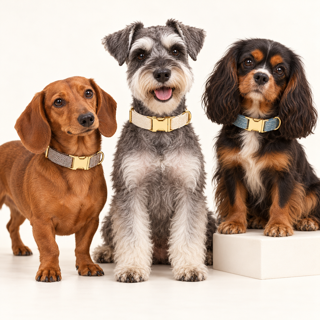 Suiting collection — Ivory Herringbone with White Brown Herringbone and Blue Tweed; three breeds in an ivory photography studio