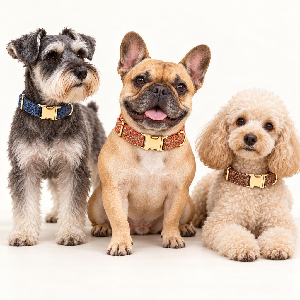 Suiting collection — Orange Tweed with Dark Blue Herringbone and Brown Tweed; three breeds in an ivory photography studio