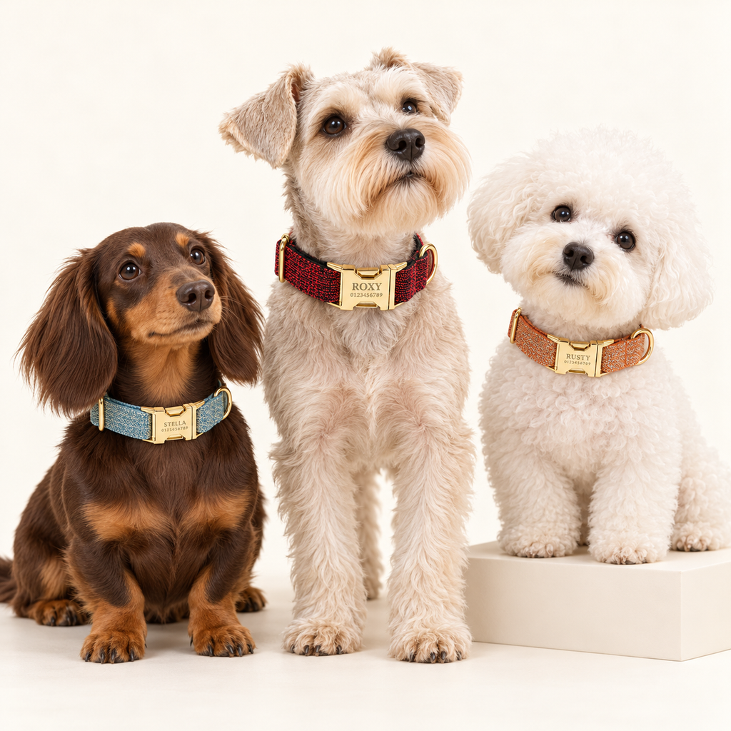Suiting collection — Red Tweed with Blue Tweed and Orange Tweed; three breeds in an ivory photography studio