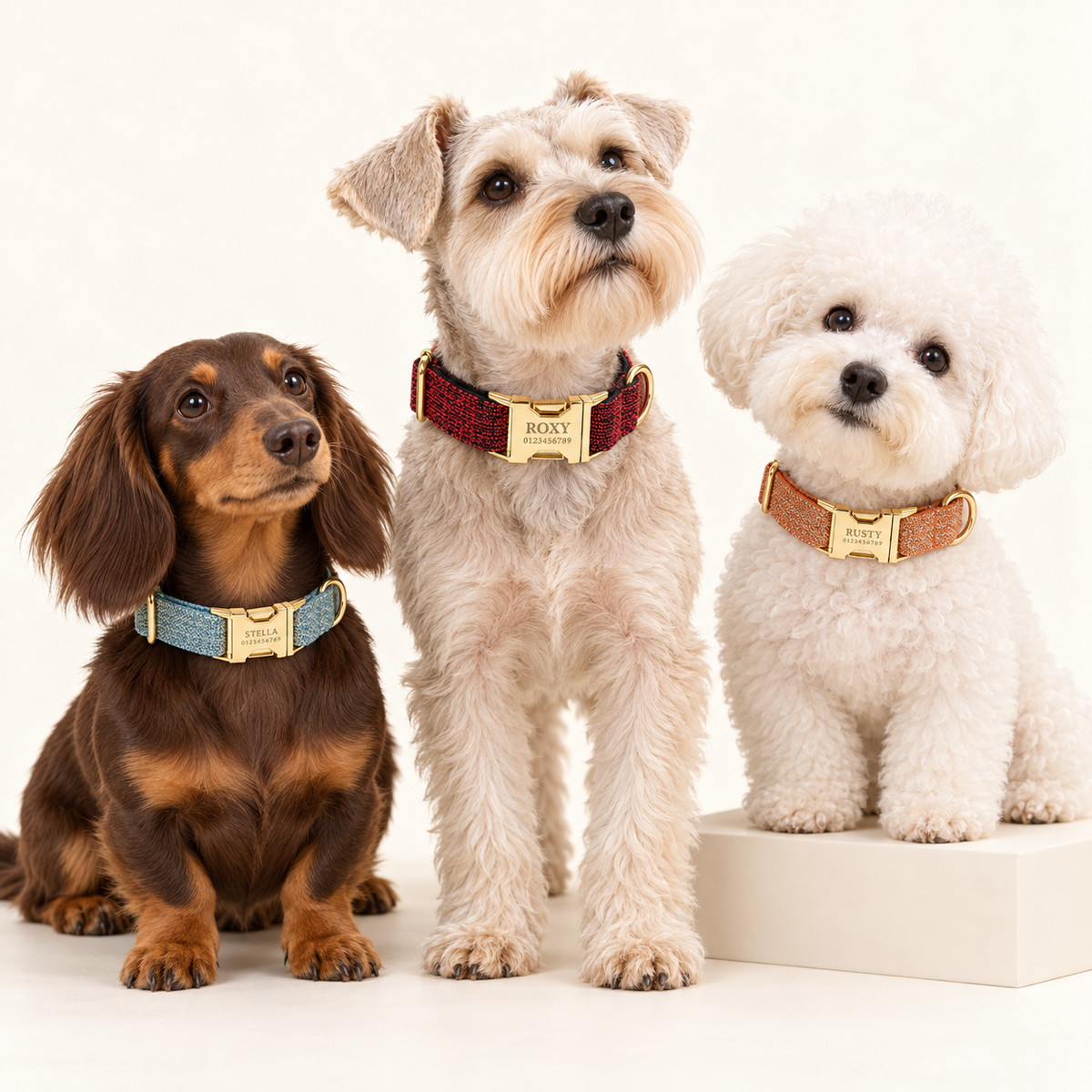 Suiting collection — Red Tweed with Blue Tweed and Orange Tweed; three breeds in an ivory photography studio