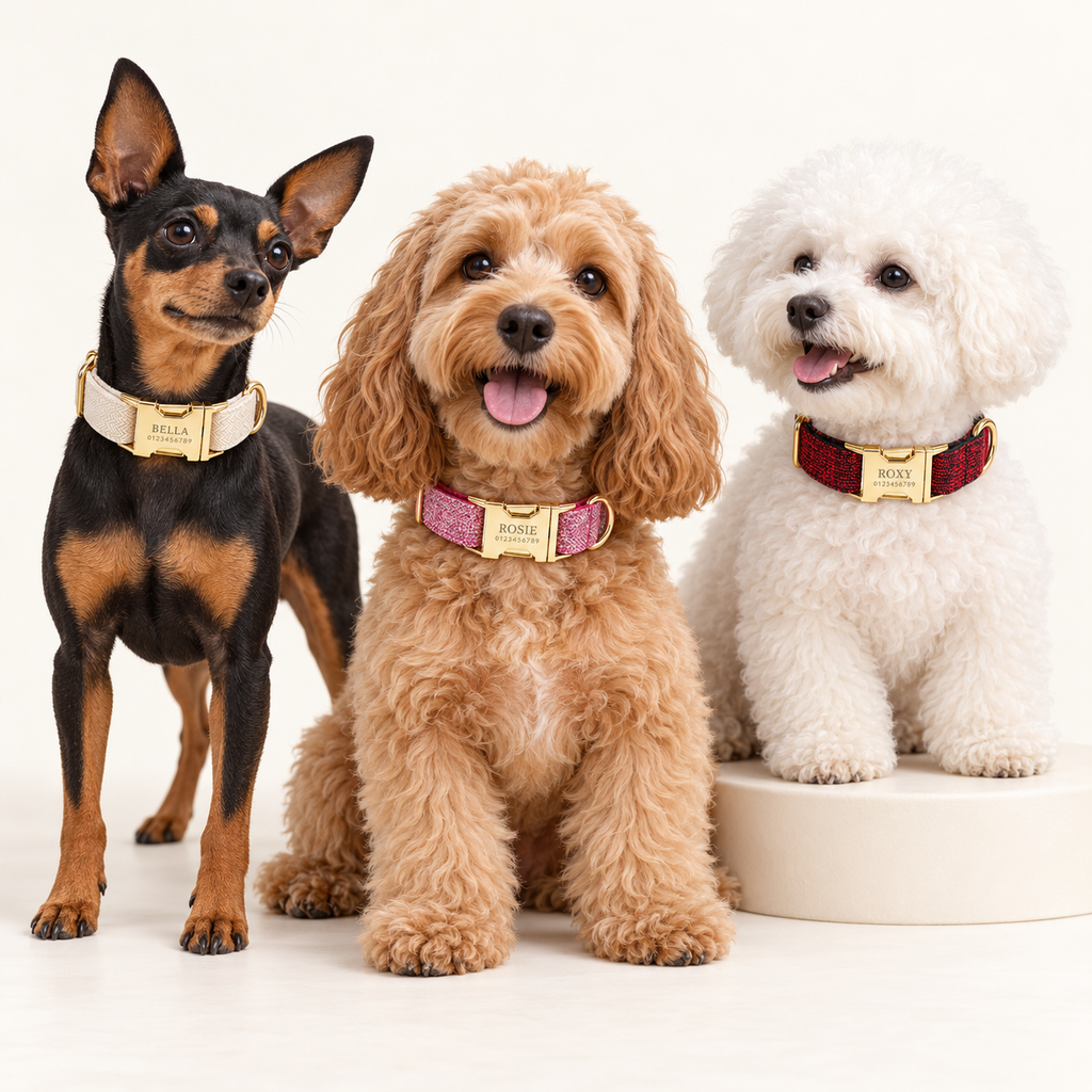 Suiting collection — Pink Tweed with Ivory Herringbone and Red Tweed; three breeds in an ivory photography studio