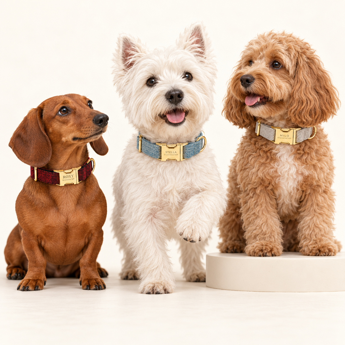 Suiting collection — Blue Tweed with Red Tweed and Light Gray Herringbone; three breeds in an ivory photography studio