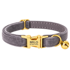 Personalized Velvet Cat Collar with Bell in Charcoal, flat product view.