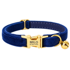 Personalized Velvet Cat Collar with Bell in Dark Blue, flat product view.