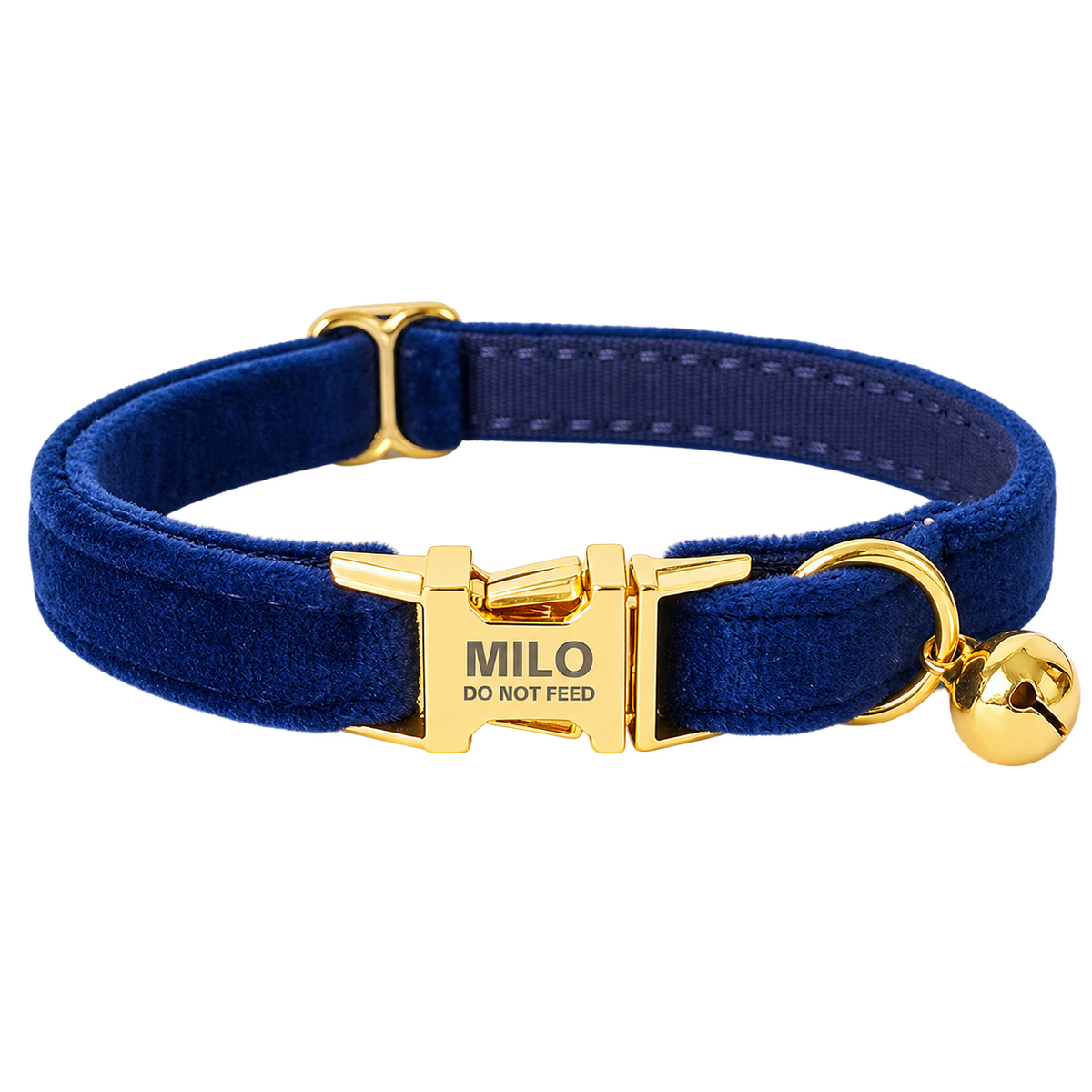Personalized Velvet Cat Collar with Bell in Dark Blue, flat product view.