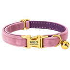 Personalized Velvet Cat Collar with Bell in Dark Purple, flat product view.