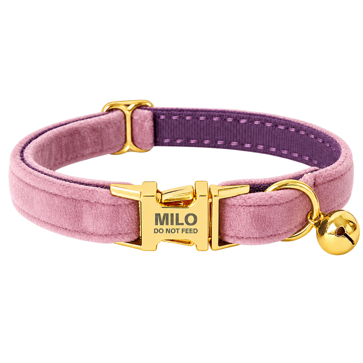 Personalized Velvet Cat Collar with Bell in Dark Purple, flat product view.