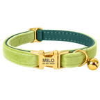 Personalized Velvet Cat Collar with Bell in Green, flat product view.