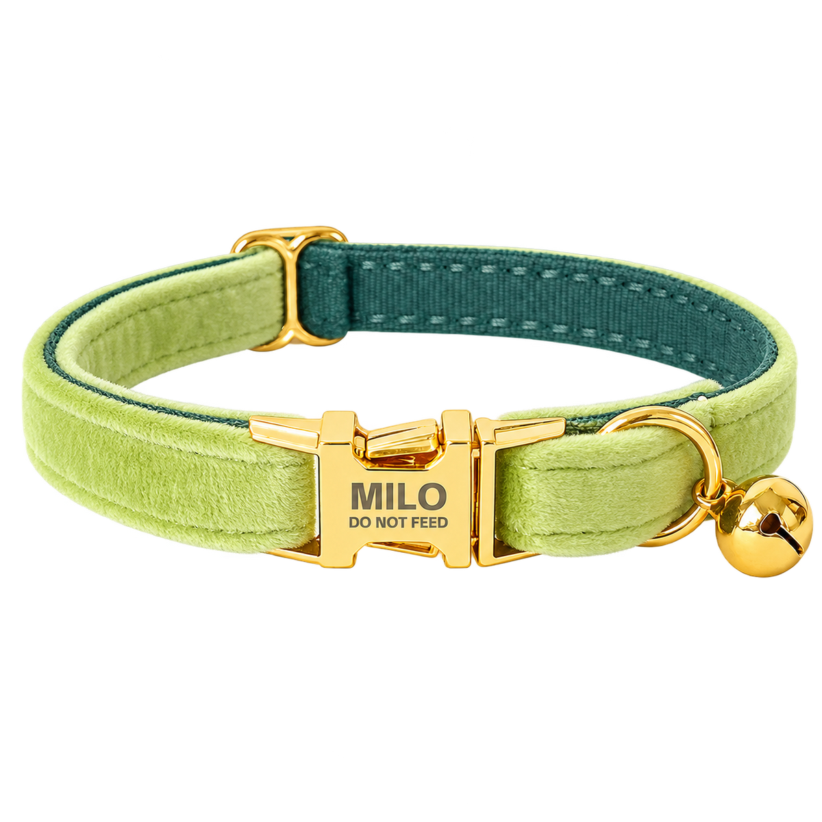 Personalized Velvet Cat Collar with Bell in Green, flat product view.