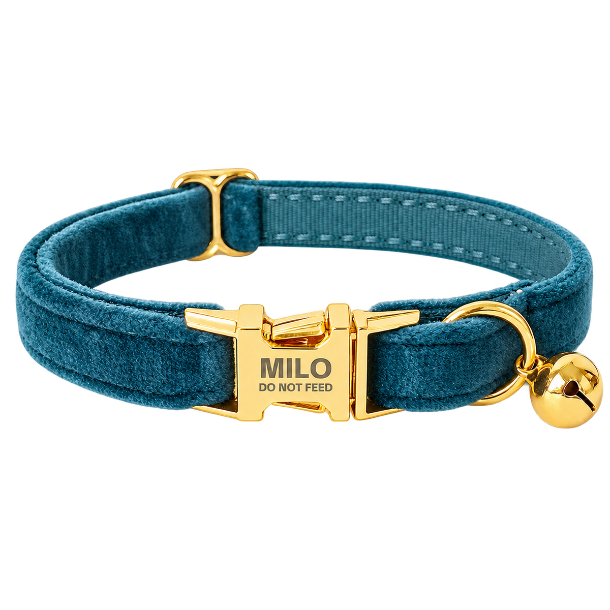 Personalized Velvet Cat Collar with Bell in Jade Green, flat product view.