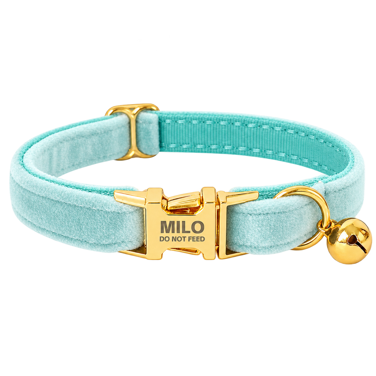 Personalized Velvet Cat Collar with Bell in Light Blue, flat product view.