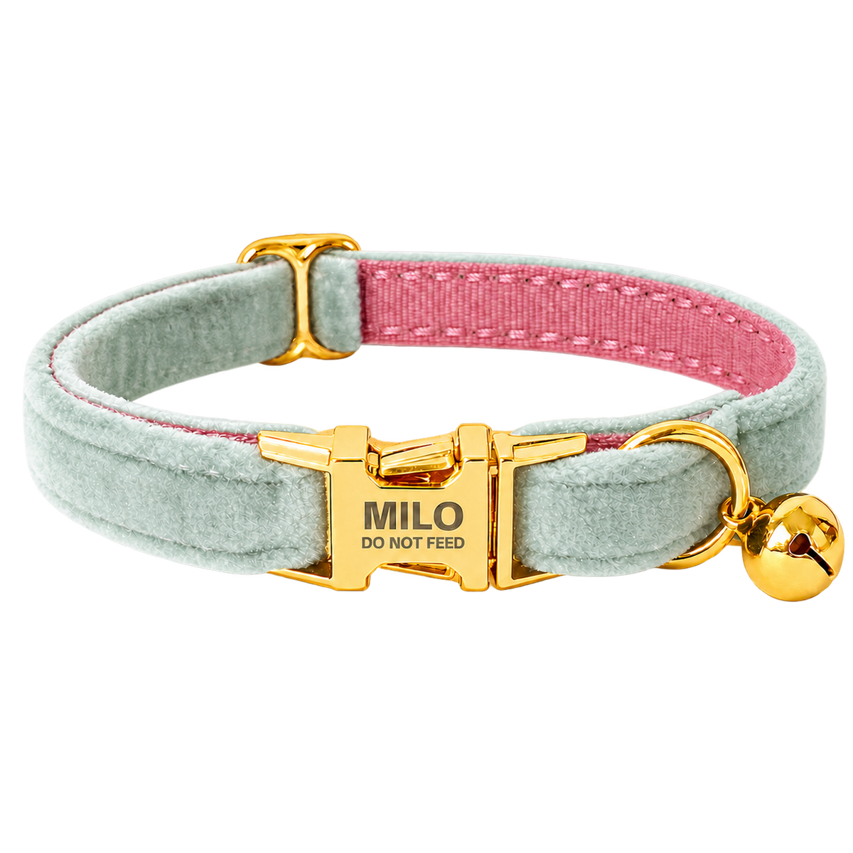 Personalized Velvet Cat Collar with Bell in Mint Green, flat product view.
