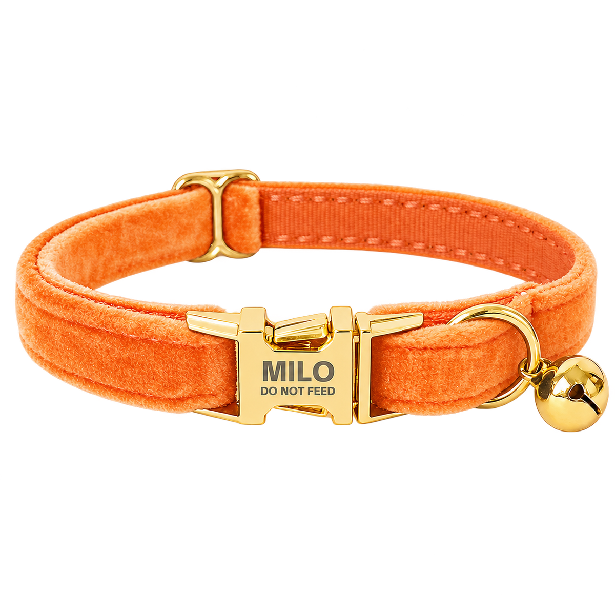 Personalized Velvet Cat Collar with Bell in Orange, flat product view.