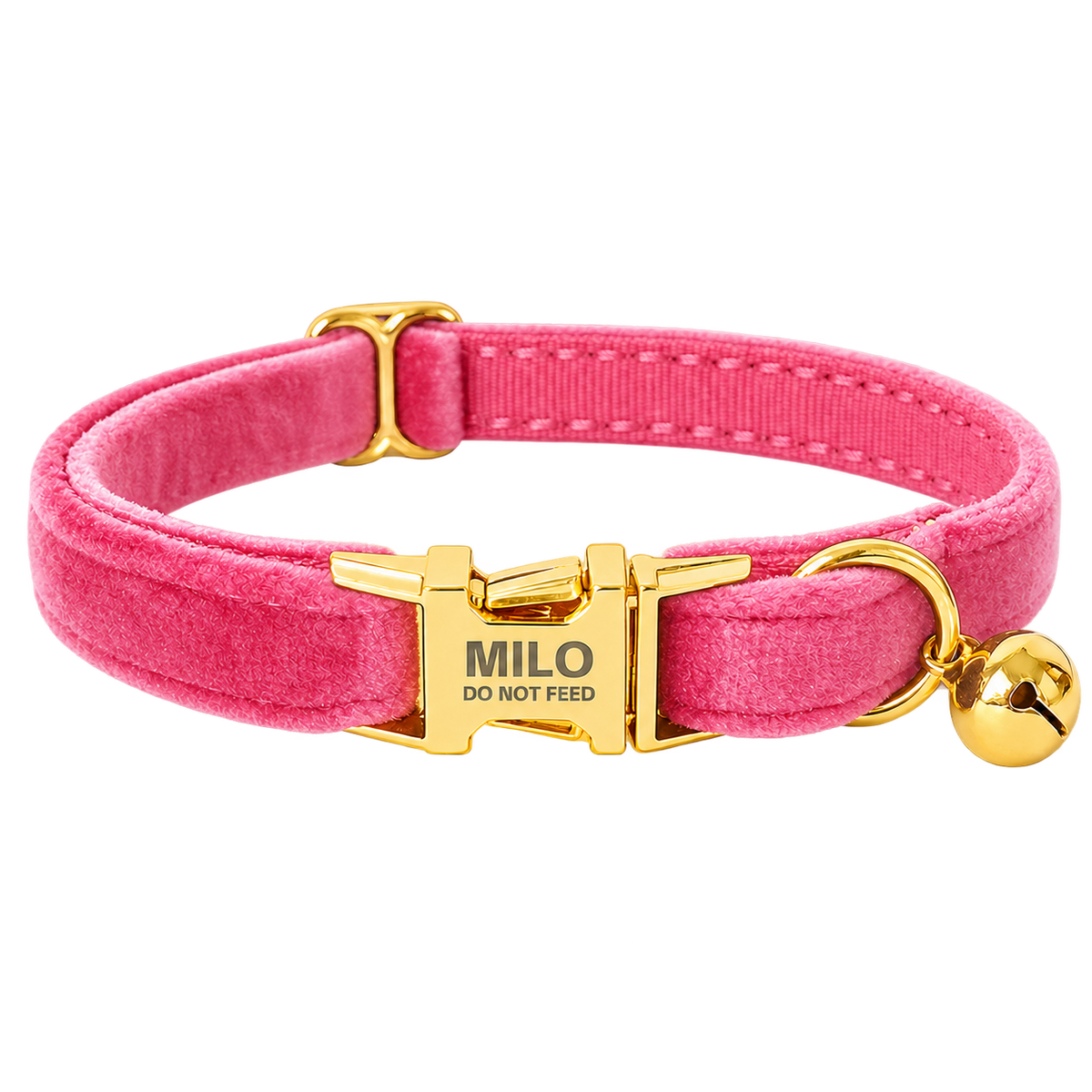 Personalized Velvet Cat Collar with Bell in Pink, flat product view.