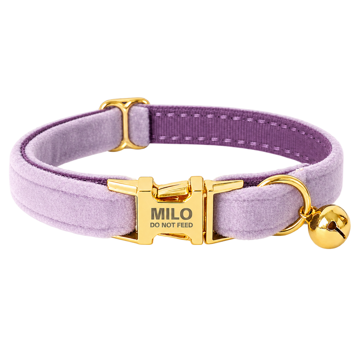 Personalized Velvet Cat Collar with Bell in Purple, flat product view.