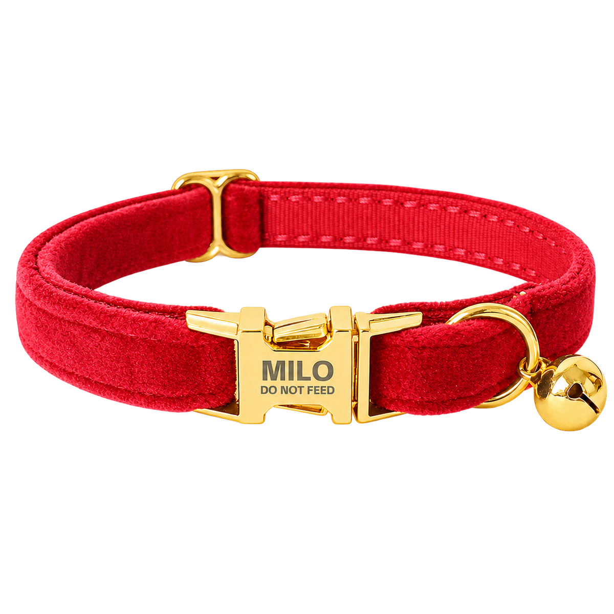 Personalized Velvet Cat Collar with Bell in Red, flat product view.
