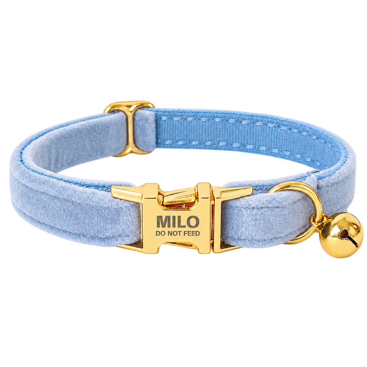 Personalized Velvet Cat Collar with Bell in Sky Blue, flat product view.
