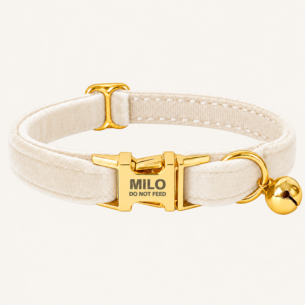 Personalized Velvet Cat Collar with Bell in White, flat product view.