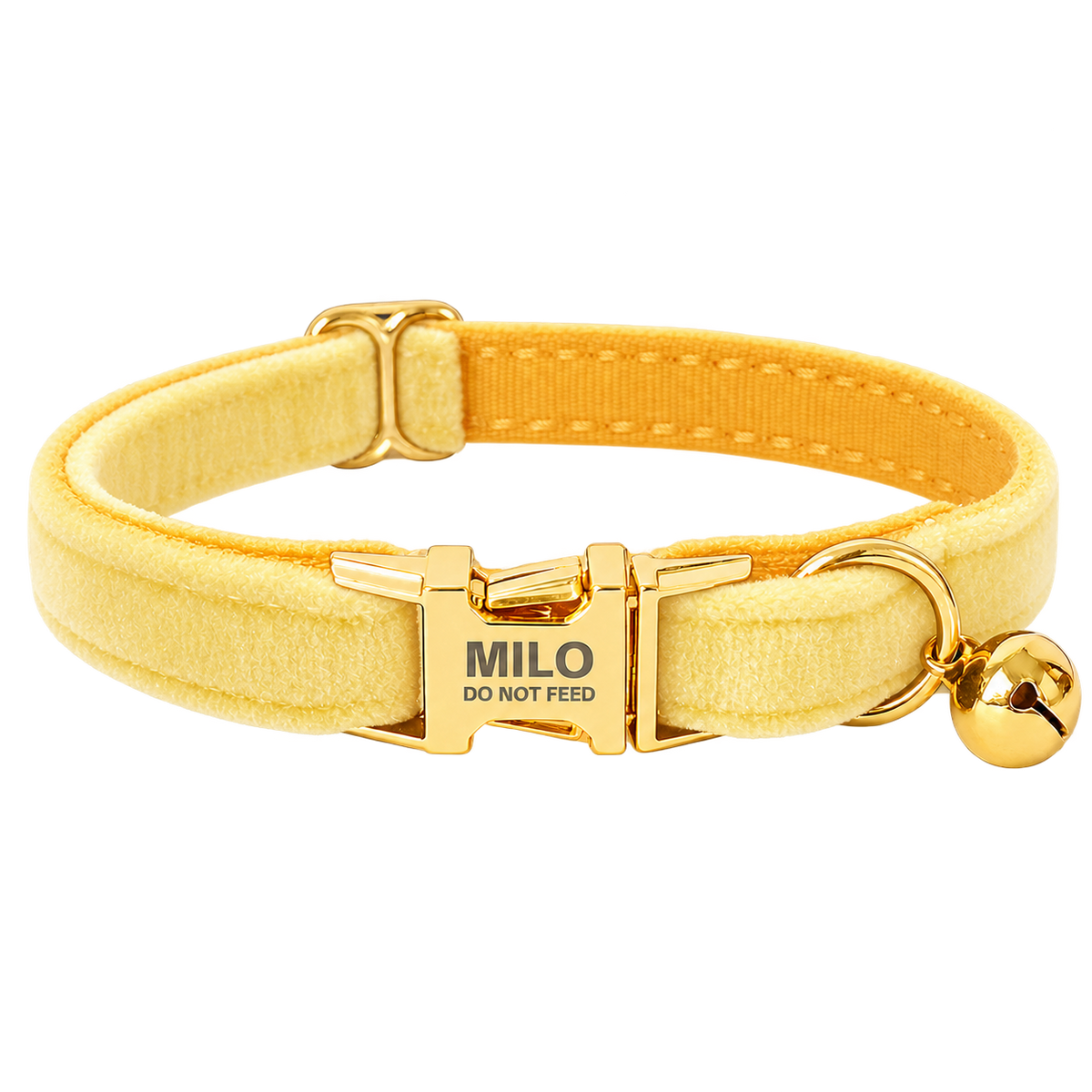 Personalized Velvet Cat Collar with Bell in Yellow, flat product view.