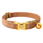 Personalized Velvet Cat Collar with Bell in Camel, flat product view.