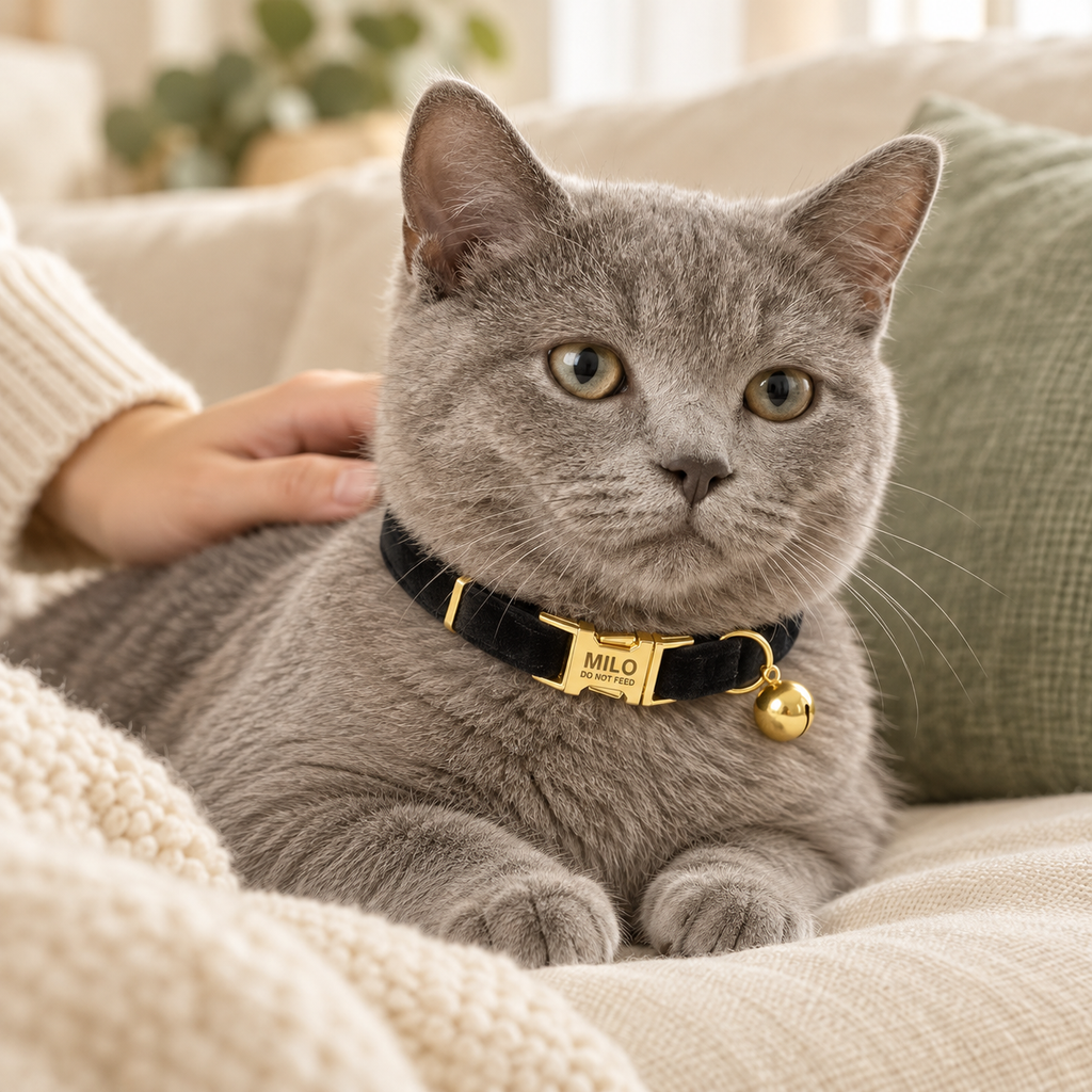 Gray cat wearing a black velvet collar with an engraved gold buckle and bell on a cream blanket.